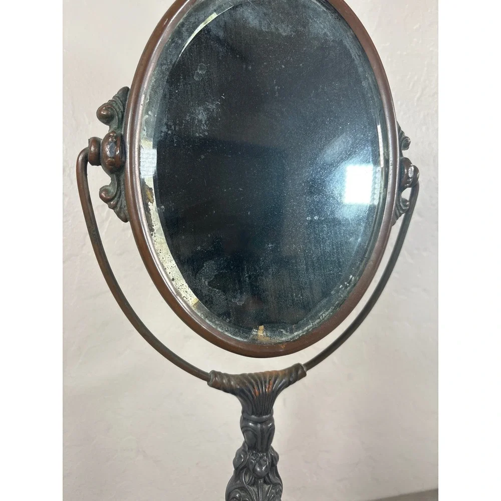Antique Victorian Art Nouveau Style Cast Metal Swivel Vanity Mirror Ornate Oval